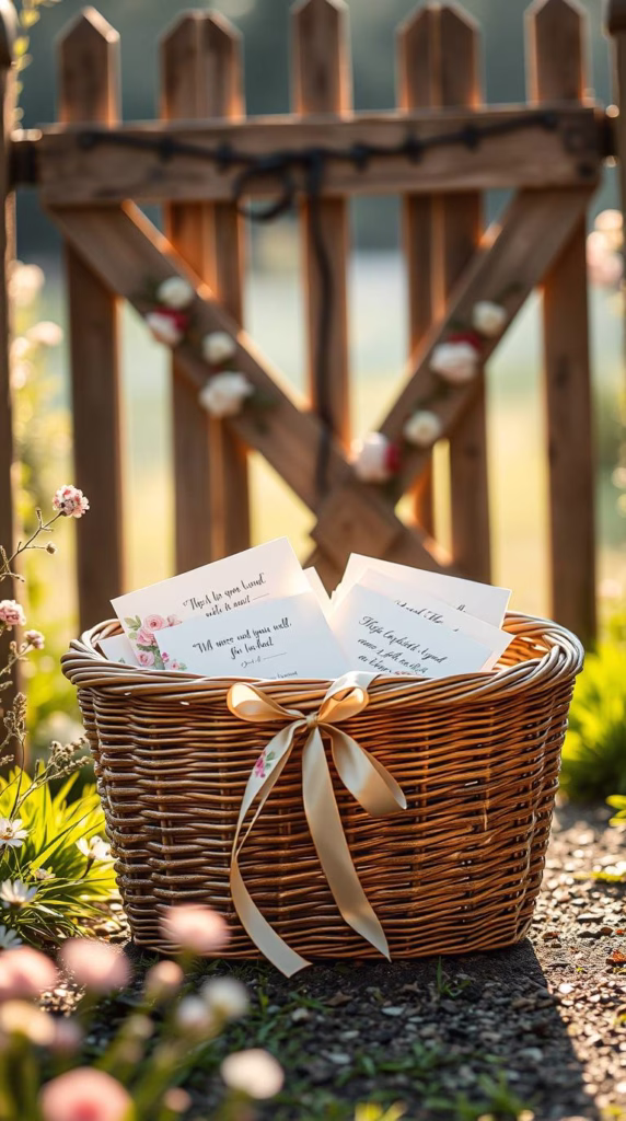 A basket filled with dainty quote cards, floral ribbon, and mini envelopes, resting beside a garden gate at golden hour.