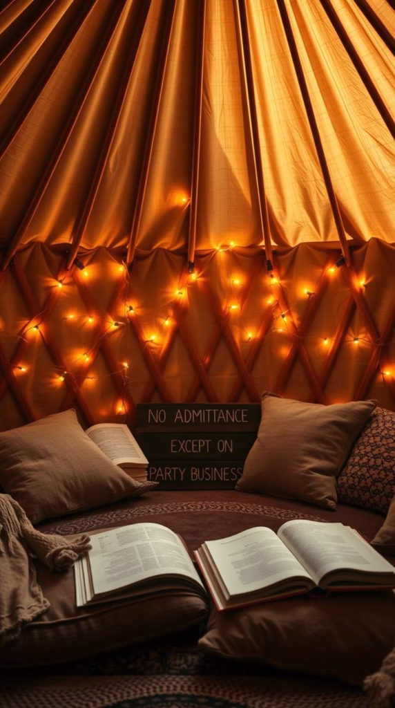A reading nook with floor cushions, open books, fairy lights, and a sign that reads “No Admittance Except on Party Business.”