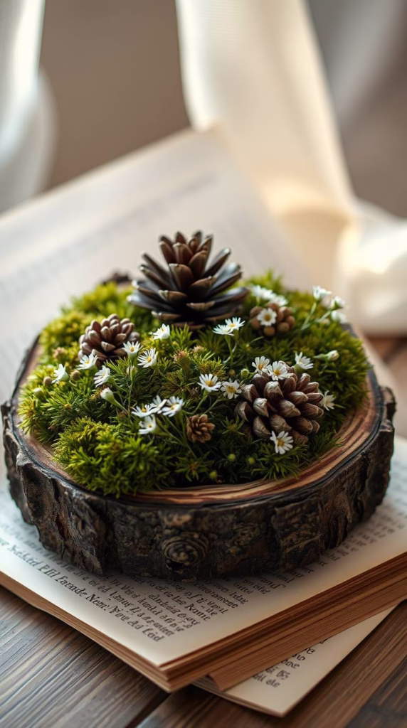 A foraged centrepiece made of moss, pinecones, and tiny white wildflowers sits in a hollowed-out log. A vintage book page with calligraphy peeks from underneath.