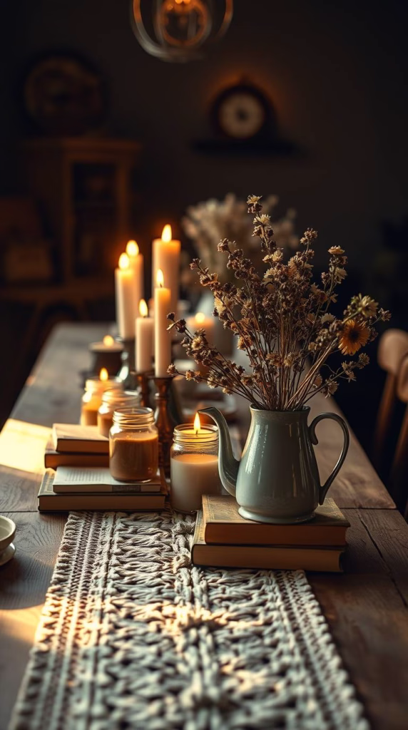 A long table dressed with vintage books, flickering candles in jam jars, and wildflowers in mismatched teapots. A hand-crocheted runner peeks out beneath it all.