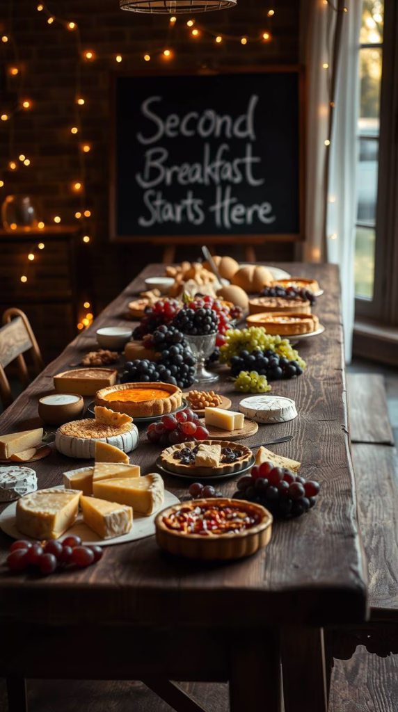 A long rustic table under fairy lights. Wooden boards hold cheeses, homemade pies, and bunches of grapes. A chalkboard sign reads “Second Breakfast Starts Here.”