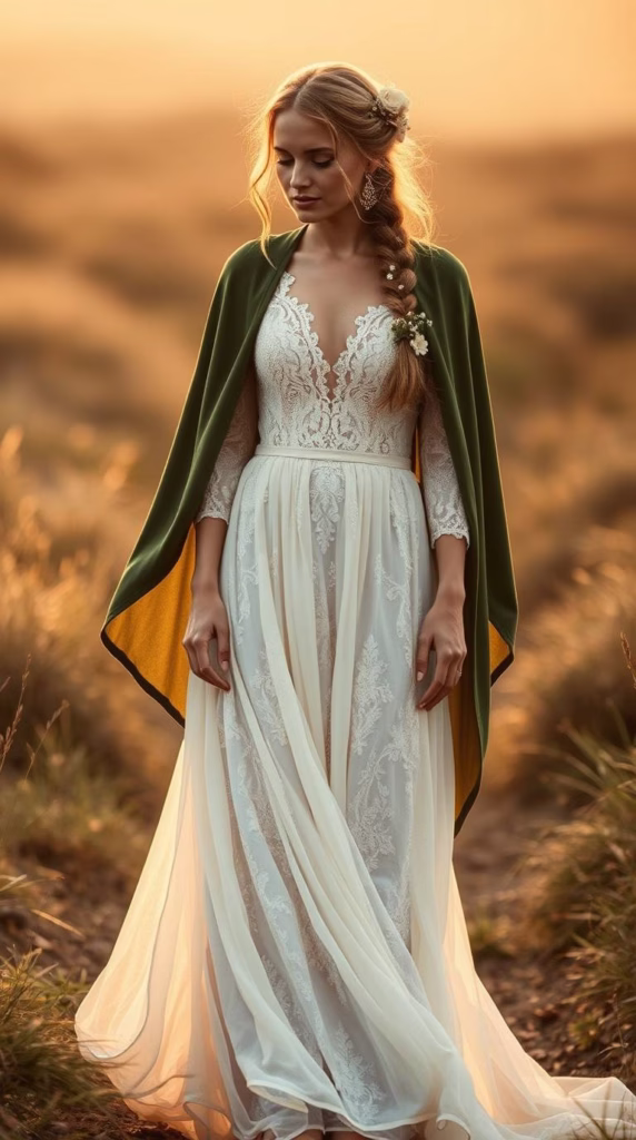 A bride in a flowing cream dress with lace sleeves and a mossy green cloak. Wildflowers in her braid, and soft leather boots peeking out from under the hem.