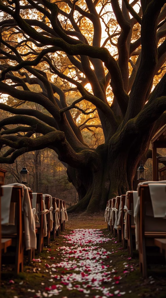 A secluded woodland ceremony under an ancient oak tree. Wooden benches are draped with crocheted throws. Lanterns hang from low branches and petals are scattered down the mossy aisle.
