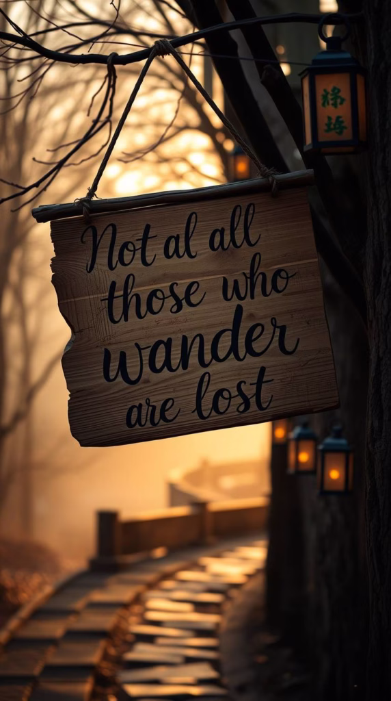 A wooden sign with hand-lettered calligraphy: “Not all those who wander are lost.” It hangs beside a winding path lined with lanterns.