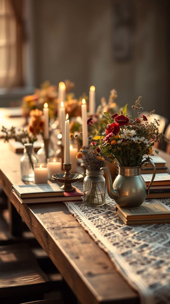 A long table dressed with vintage books, flickering candles in jam jars, and wildflowers in mismatched teapots. A hand-crocheted runner peeks out beneath it all.
