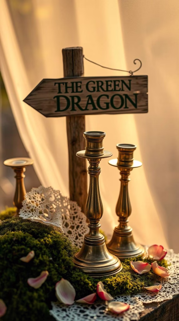 A collection of thrifted brass candlesticks and lace doilies, surrounded by moss and scattered petals. An old signpost points guests towards "The Green Dragon."