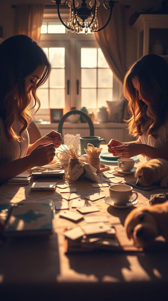 A sun-dappled kitchen table covered in craft supplies, with friends tying twine around hand-lettered tags. Teacups sit among the chaos, and a dog naps nearby.
