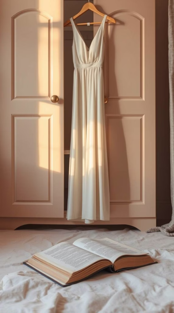 A longline dress hanging from a wardrobe door, sunlight casting shadows across a worn book on the floor.