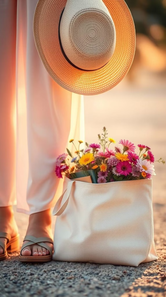 A pair of worn-in sandals beside a sunhat and a tote filled with books and flowers