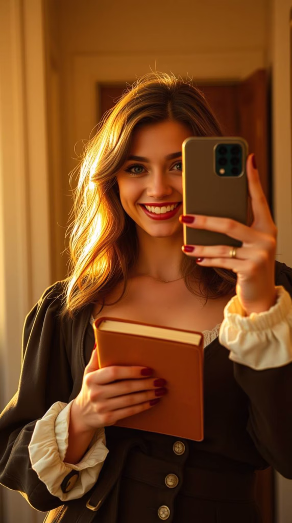 A mirror selfie of an outfit inspired by a book character — with a journal tucked under one arm and a big grin.