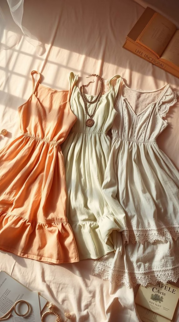 A flat lay of summer clothes in tonal colours — linen, cotton, lace — surrounded by vintage jewellery and paperbacks.