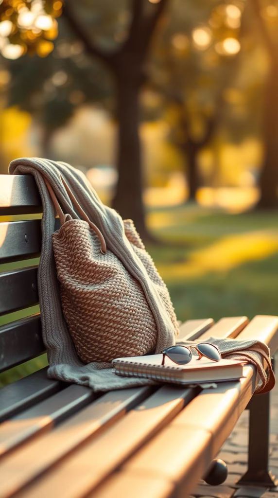 A draped cardigan on a park bench next to a woven bag, a journal, and a pair of sunglasses.