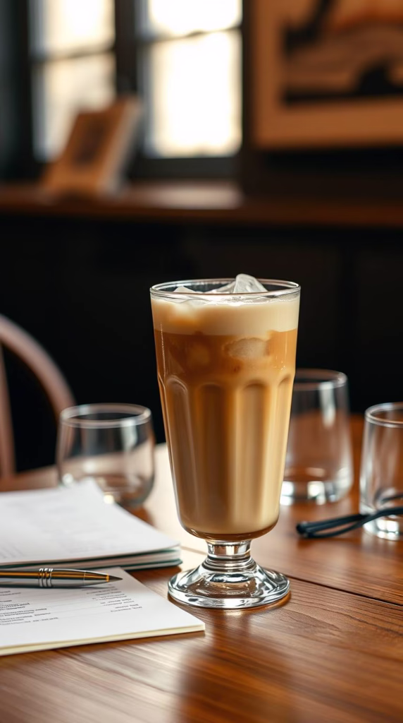 A latte in a vintage glass, condensation dripping, resting on a wooden café table next to annotated pages and gold-rimmed glasses.
