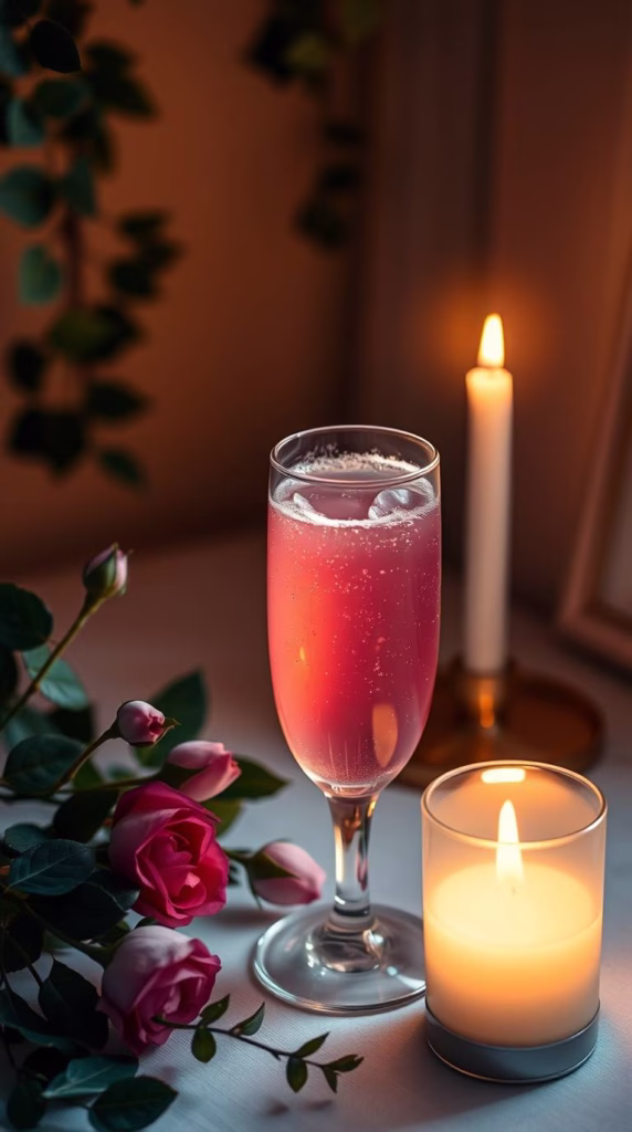 A sparkling pink drink with rosebuds floating on top, a lit candle nearby and ivy creeping into the frame.
