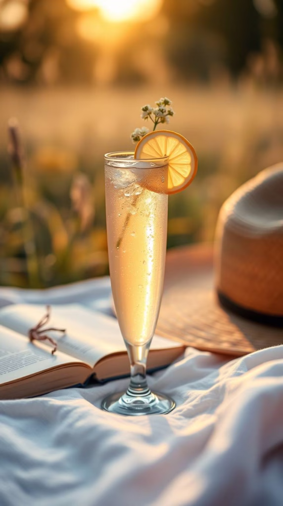 A tall glass with lemon slices and elderflower fizz, perched on a picnic blanket beside a vintage paperback and straw sunhat.