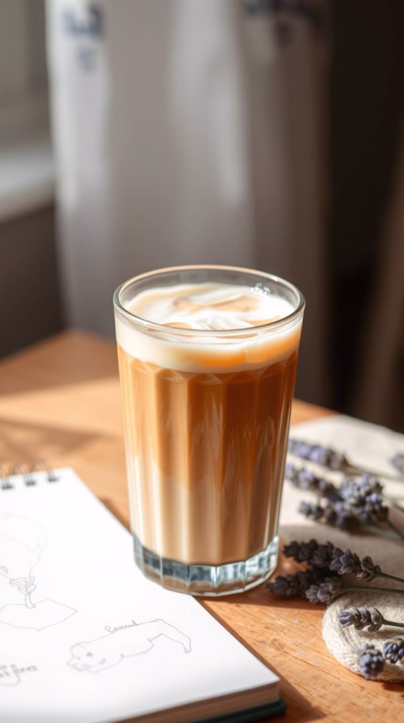 An iced chai in a ribbed glass with a splash of milk swirling dramatically, laid next to a sketchpad and blooming lavender.