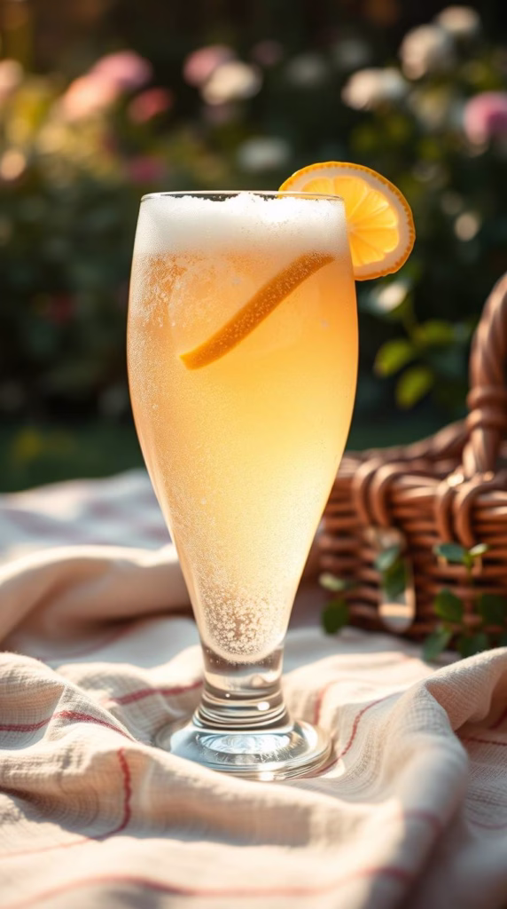 A frosty glass of pale beer with a lemon wedge perched on the rim, sitting on a picnic tablecloth.