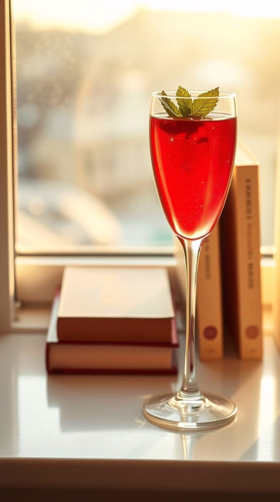 A stemmed glass glowing with ruby liquid, garnished with mint, sitting on a book-lined windowsill at golden hour.