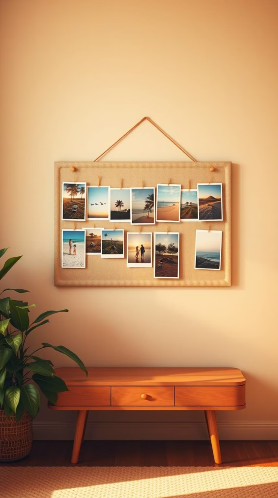 A corkboard covered in summer images - fluttering pages, pastel blooms, an old-fashioned bicycle, and a steaming teacup next to a lemon tart.