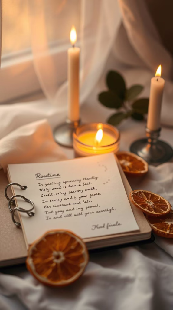 A handwritten routine card beside a journal, dried orange slices, and a lit beeswax candle.