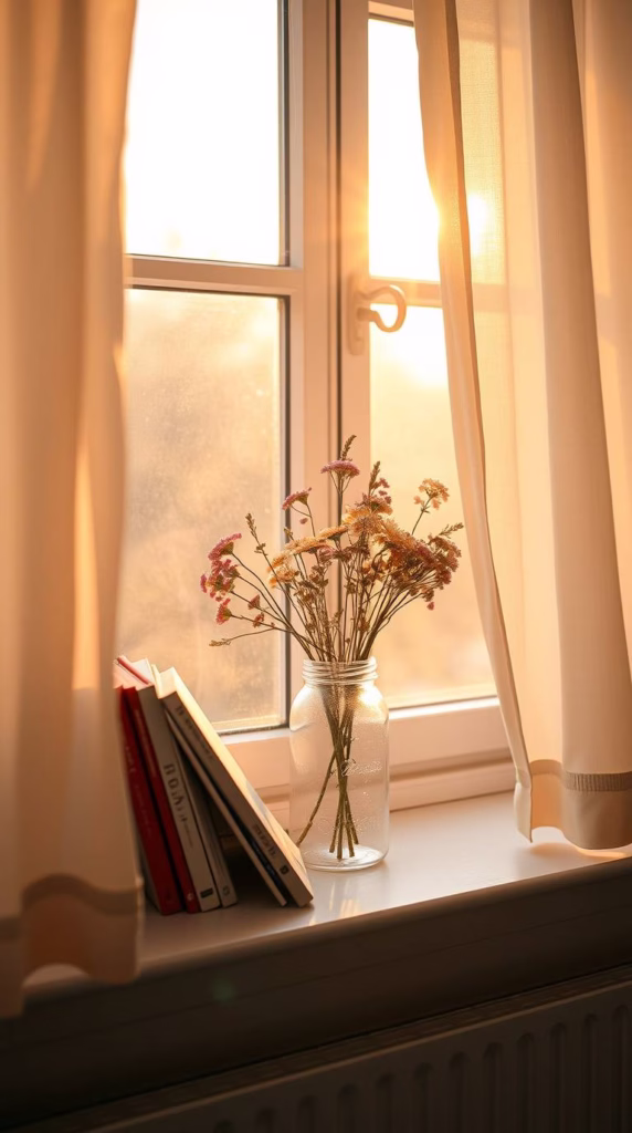 A windowsill filled with paperbacks, a jar of fresh wildflowers, and sun streaming through sheer curtains.