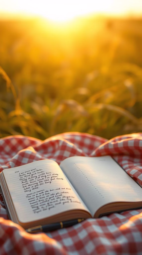 An open journal on a gingham blanket, with a pen resting on a list of soft, poetic goals.